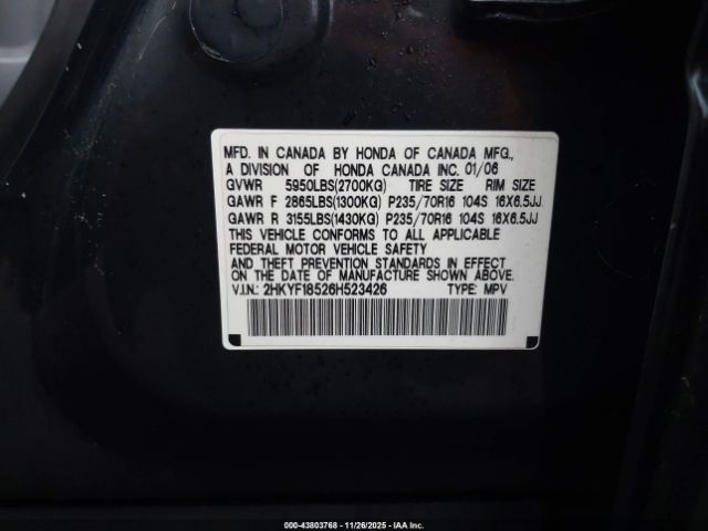 2006 HONDA PILOT 2HKYF18526H523426 Photo 8