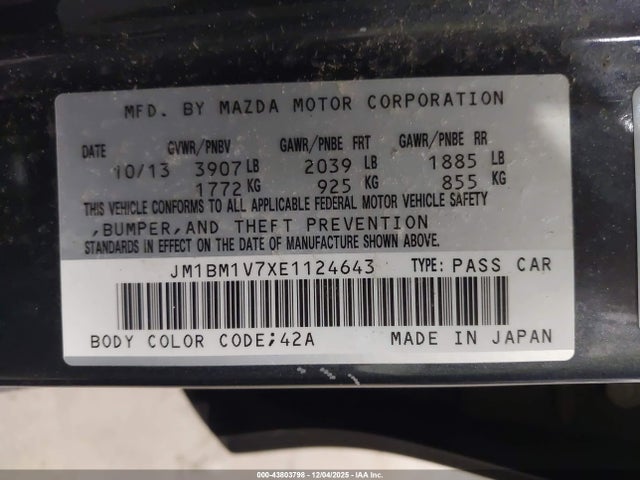 2014 Mazda Mazda3 I Touring მანქანა იყიდება აუქციონზე, vin: JM1BM1V7XE1124643, აუქციონის ნომერი: 43803798