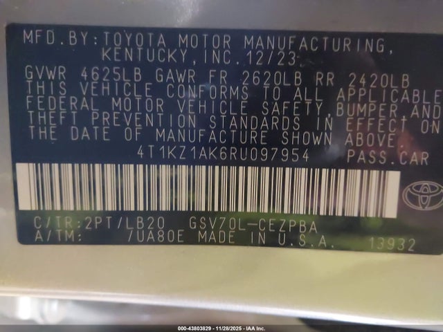 4T1KZ1AK6RU097954 Toyota Camry Xse V6