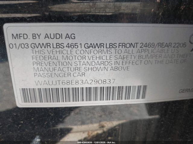 2003 AUDI A4 WAUJT68E83A290837 Photo 8