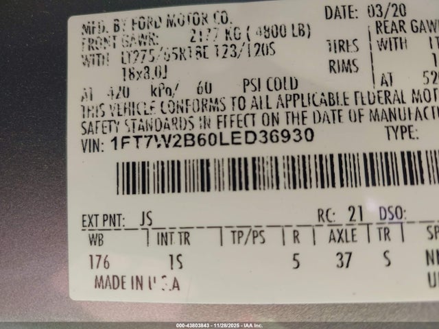 Ford F-250 Xl 2020 1FT7W2B60LED36930 Image 9