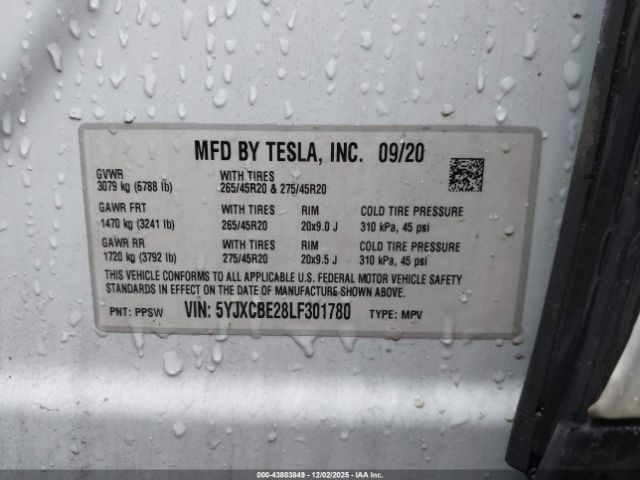 2020 TESLA MODEL X 5YJXCBE28LF301780 Photo 8