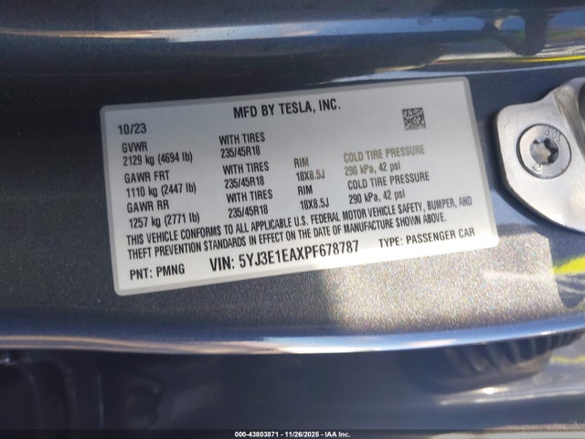 Aukcja sprzedaży 2023 Tesla Model 3 Rear-wheel Drive, vin: 5YJ3E1EAXPF678787, numer aukcji: 43803871