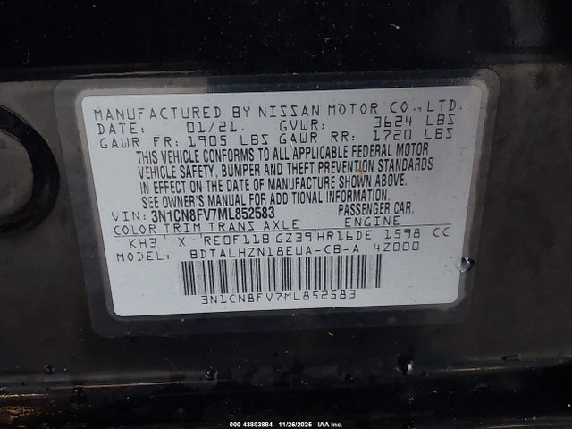 Nissan Versa Sr Xtronic Cvt 2021 3N1CN8FV7ML852583 Image 9