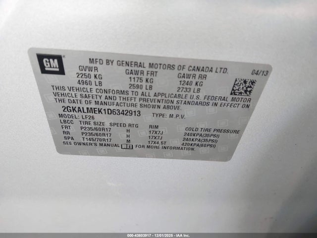 Aukcja sprzedaży 2013 Gmc Terrain Sle-1, vin: 2GKALMEK1D6342913, numer aukcji: 43803917
