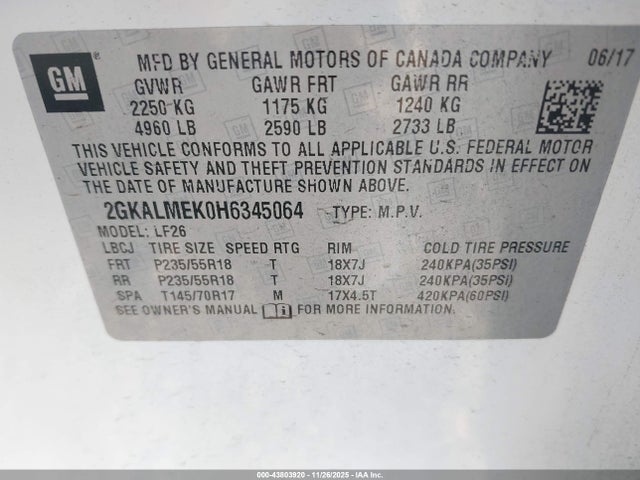 43803920 :رقم المزاد ، 2GKALMEK0H6345064 vin ، 2017 Gmc Terrain Sle-1 مزاد بيع