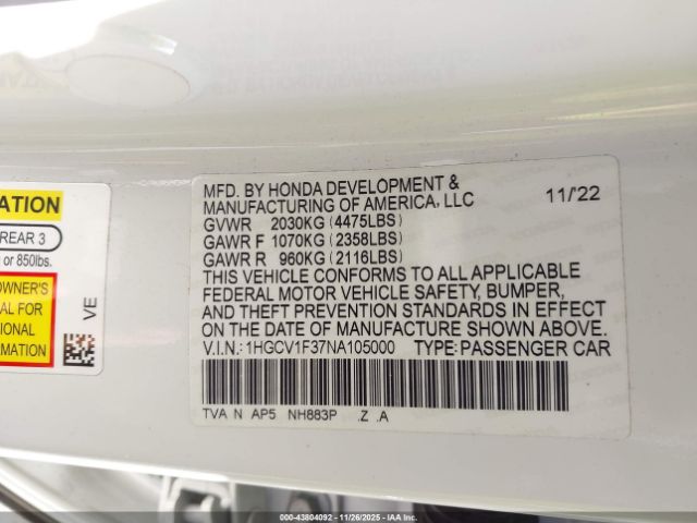 2022 HONDA ACCORD 1HGCV1F37NA105000 Photo 8