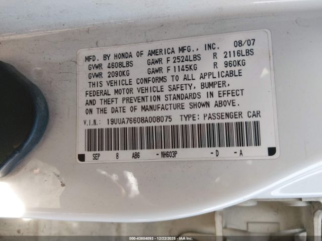 2008 ACURA TL 19UUA76608A008075 Photo 8