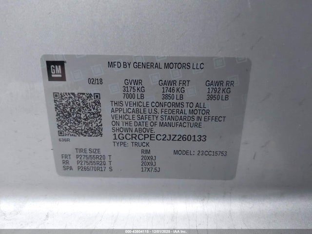 43804115 :رقم المزاد ، 1GCRCPEC2JZ260133 vin ، 2018 Chevrolet Silverado 1500 Custom مزاد بيع