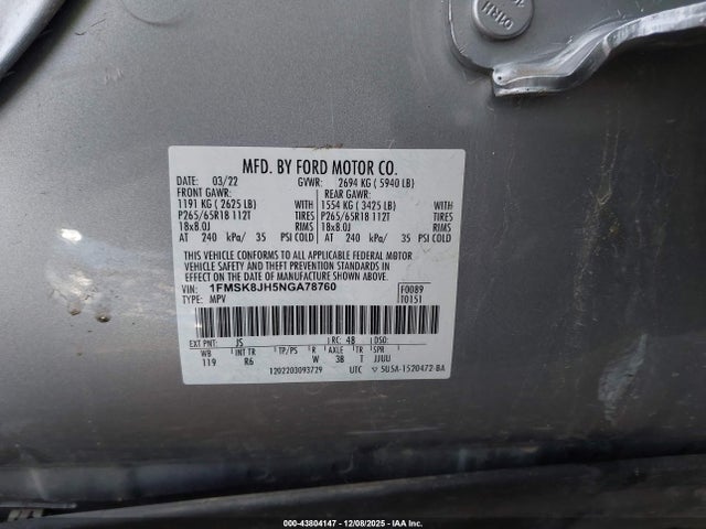 Aukcja sprzedaży 2022 Ford Explorer Timberline, vin: 1FMSK8JH5NGA78760, numer aukcji: 43804147