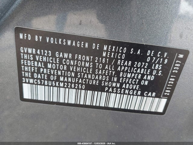 Aukcja sprzedaży 2019 Volkswagen Jetta 1.4t R-line/1.4t S/1.4t Se, vin: 3VWC57BU5KM226250, numer aukcji: 43804157