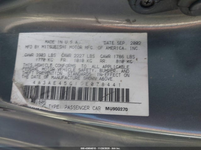 Продаж на аукціоні авто 2003 Mitsubishi Eclipse Spyder Gs, vin: 4A3AE45G13E078441, номер лоту: 43804510