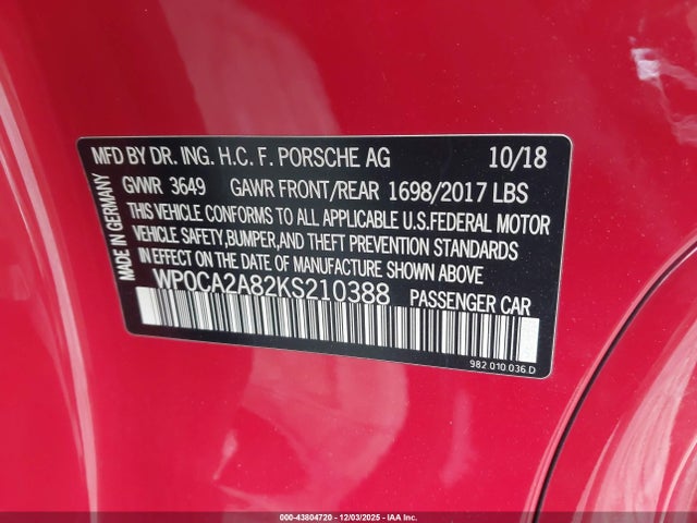 2019 PORSCHE 718 BOXSTER WP0CA2A82KS210388 Photo 8