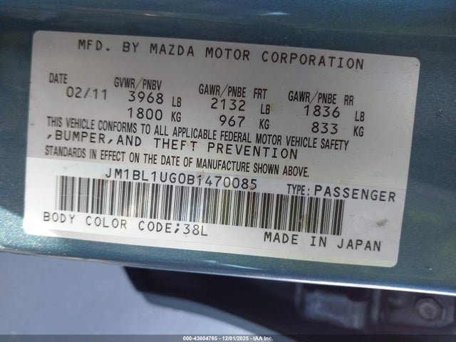 Aukcja sprzedaży 2011 Mazda Mazda3 I Sport, vin: JM1BL1UG0B1470085, numer aukcji: 43804765
