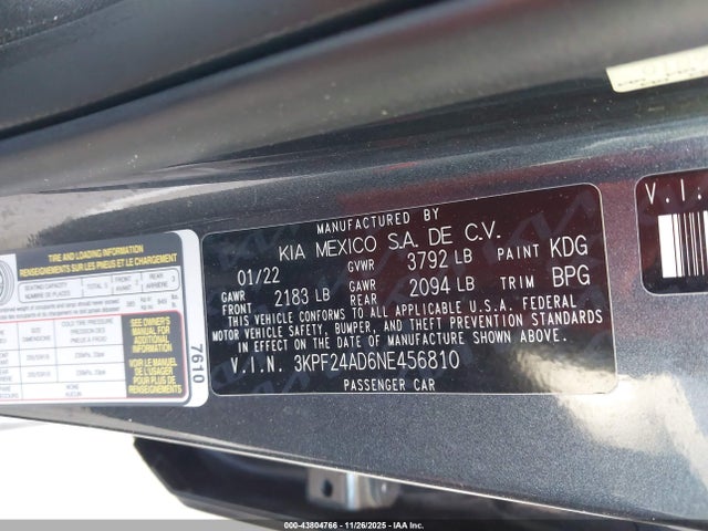 3KPF24AD6NE456810 KIA Forte Lxs