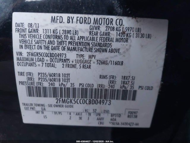 Продаж на аукціоні авто 2012 Ford Flex Sel, vin: 2FMGK5CC0CBD04973, номер лоту: 43804827