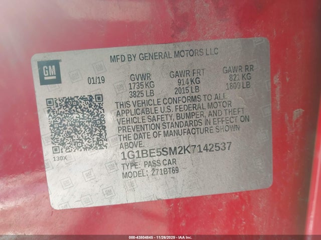 43804845 :رقم المزاد ، 1G1BE5SM2K7142537 vin ، 2019 Chevrolet Cruze Lt مزاد بيع