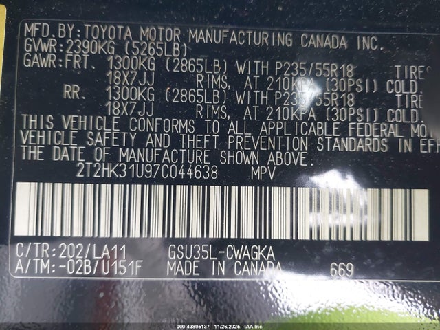 43805137 :رقم المزاد ، 2T2HK31U97C044638 vin ، 2007 Lexus Rx 350 مزاد بيع