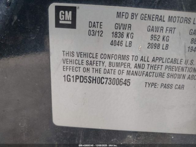 2012 CHEVROLET CRUZE 1G1PD5SH0C7300645 Photo 8