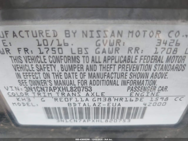 3N1CN7APXHL820753 Nissan Versa 1.6 S+