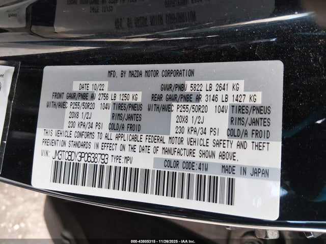 43805315 :رقم المزاد ، JM3TCBDY3P0638793 vin ، 2023 Mazda Cx-9 Grand Touring مزاد بيع
