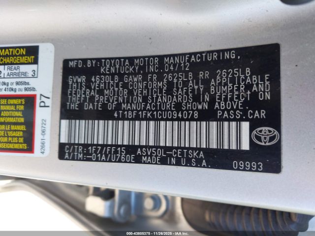 2012 TOYOTA CAMRY 4T1BF1FK1CU094078 Photo 8