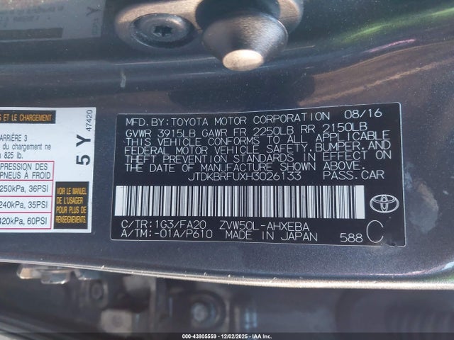 JTDKBRFUXH3026133 Toyota Prius Two