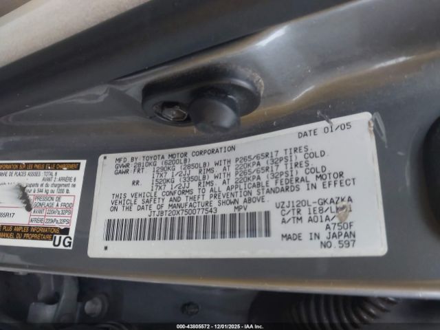 2005 LEXUS GX 470 JTJBT20X750077543 Photo 8
