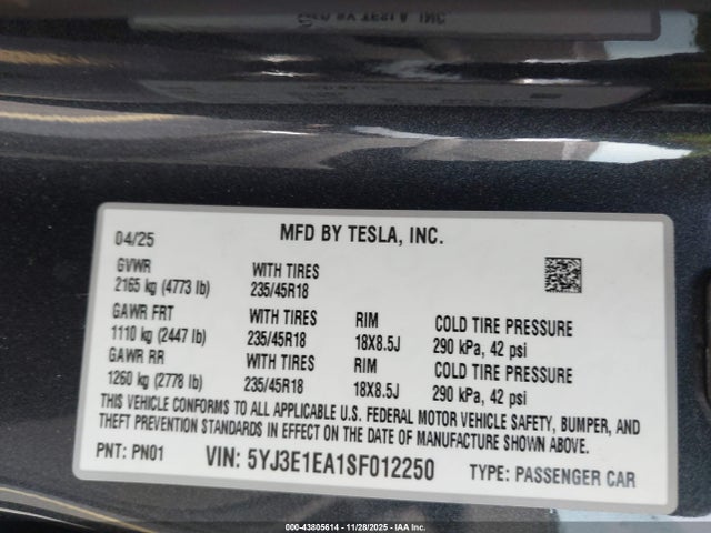 2025 TESLA MODEL 3 5YJ3E1EA1SF012250 Photo 8