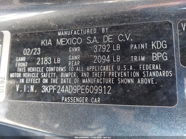 Aukcja sprzedaży 2023 Kia Forte Lxs, vin: 3KPF24AD9PE609912, numer aukcji: 43805835