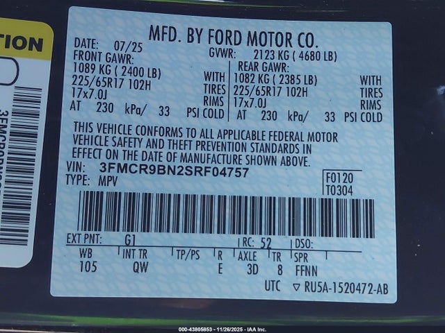 Продаж на аукціоні авто 2025 Ford Bronco Sport Big Bend, vin: 3FMCR9BN2SRF04757, номер лоту: 43805853