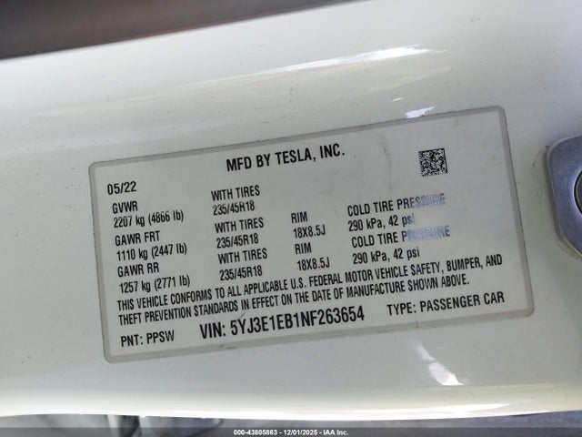 2022 TESLA MODEL 3 5YJ3E1EB1NF263654 Photo 8