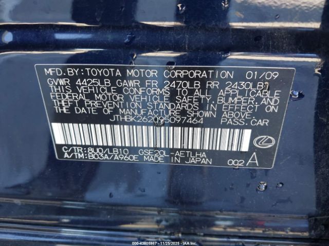 2009 LEXUS IS 250 JTHBK262095097464 Photo 8