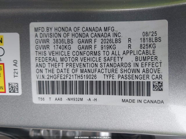 2HGFE2F21TH519026 Honda Civic Lx