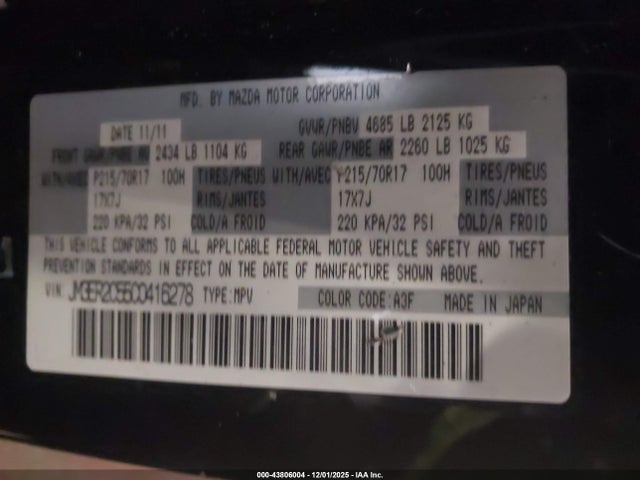 43806004 :رقم المزاد ، JM3ER2C55C0416278 vin ، 2012 Mazda Cx-7 I Touring مزاد بيع