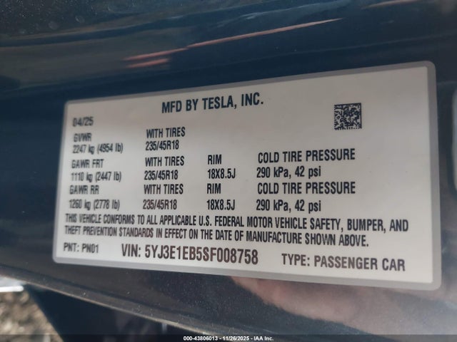 2025 TESLA MODEL 3 5YJ3E1EB5SF008758 Photo 8