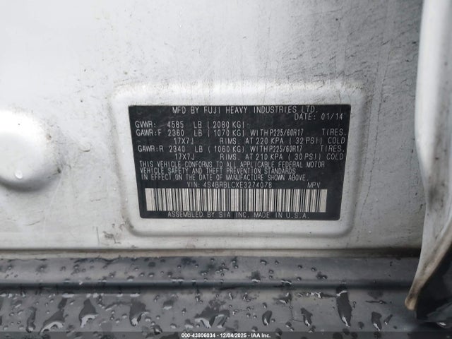4S4BRBLCXE3274078 Subaru Outback 2.5i Limited