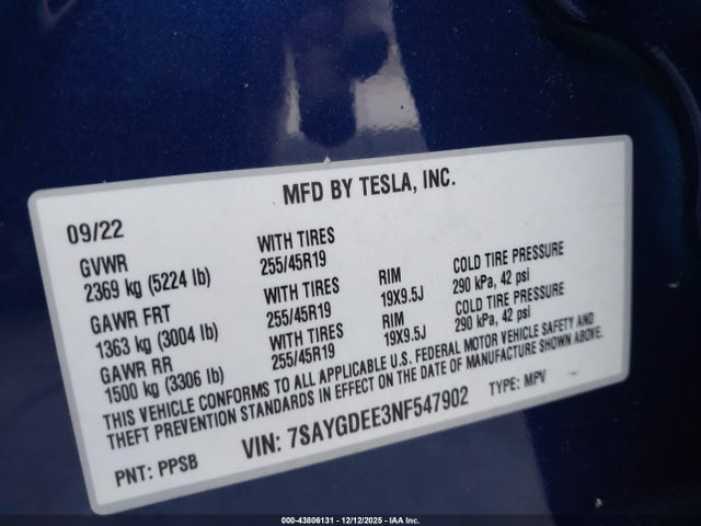 2022 TESLA MODEL Y 7SAYGDEE3NF547902 Photo 8