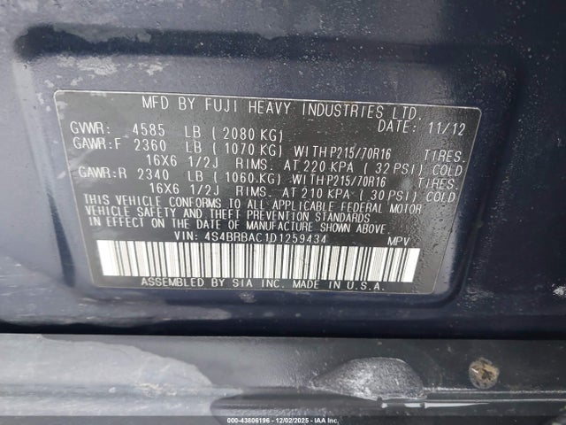 43806196 :رقم المزاد ، 4S4BRBAC1D1259434 vin ، 2013 Subaru Outback 2.5i مزاد بيع