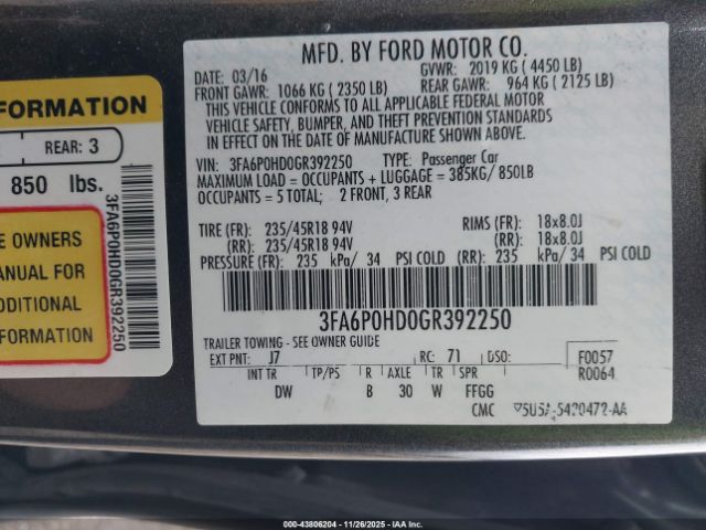 2016 FORD FUSION 3FA6P0HD0GR392250 Photo 8