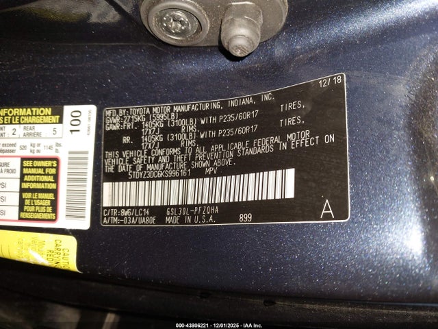 5TDYZ3DC6KS996161 Toyota Sienna Xle 7 Passenger