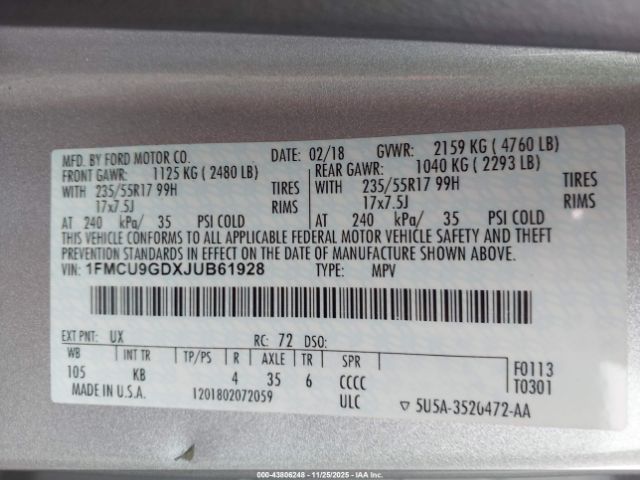 2018 FORD ESCAPE 1FMCU9GDXJUB61928 Photo 8