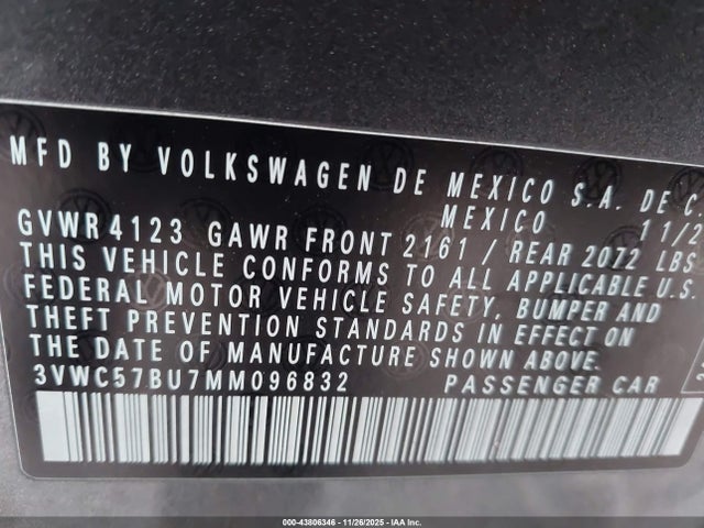 Aukcja sprzedaży 2021 Volkswagen Jetta 1.4t R-line/1.4t S/1.4t Se, vin: 3VWC57BU7MM096832, numer aukcji: 43806346