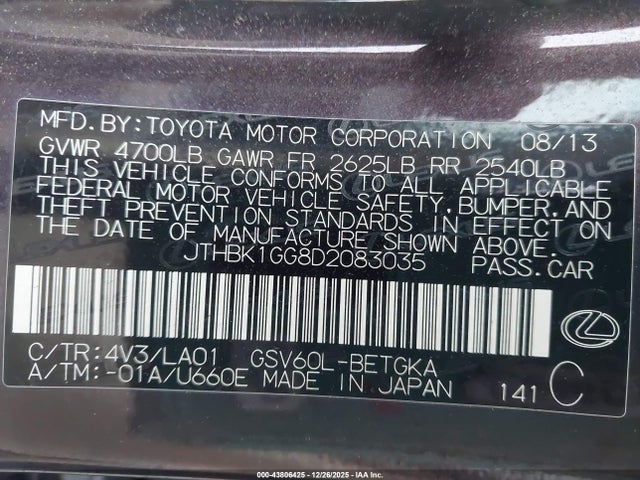 43806425 :رقم المزاد ، JTHBK1GG8D2083035 vin ، 2013 Lexus Es 350 مزاد بيع