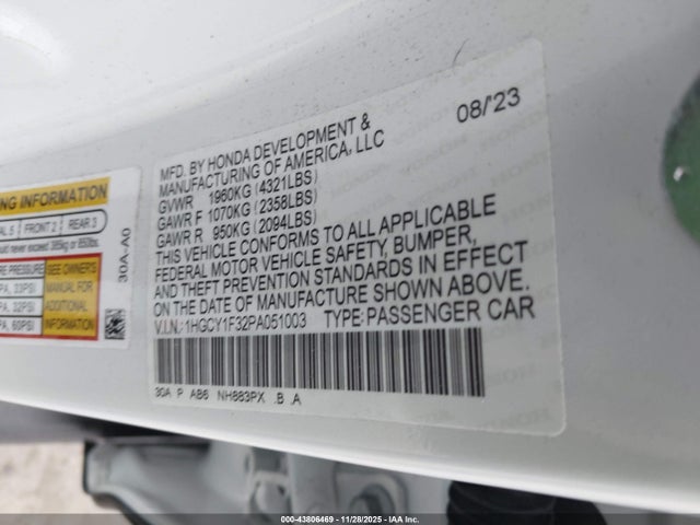 1HGCY1F32PA051003 Honda ACCORD EX