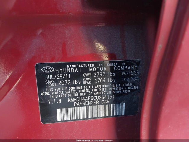 2012 Hyundai Elantra Limited (ulsan Plant) მანქანა იყიდება აუქციონზე, vin: KMHDH4AE6CU264151, აუქციონის ნომერი: 43806514
