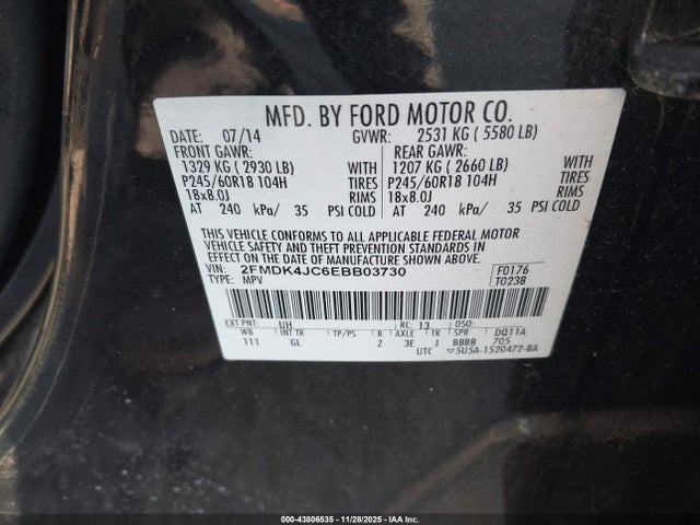 2014 Ford Edge Sel მანქანა იყიდება აუქციონზე, vin: 2FMDK4JC6EBB03730, აუქციონის ნომერი: 43806535