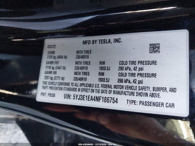 Tesla Model 3 Rear-wheel Drive 2022 5YJ3E1EA4NF186754 Image 9