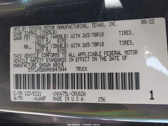 Toyota Tundra Sr5 2022 5TFLA5DA9NX047844 Image 38