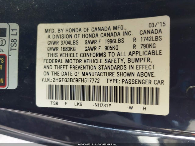 Honda Civic Lx 2015 2HGFG3B59FH517772 Image 9